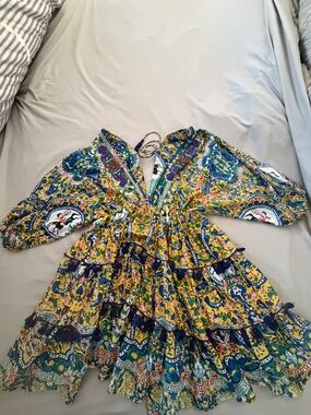 Boho Tiered V-Neck Floral Print Mini Dress in Yellow & Blue